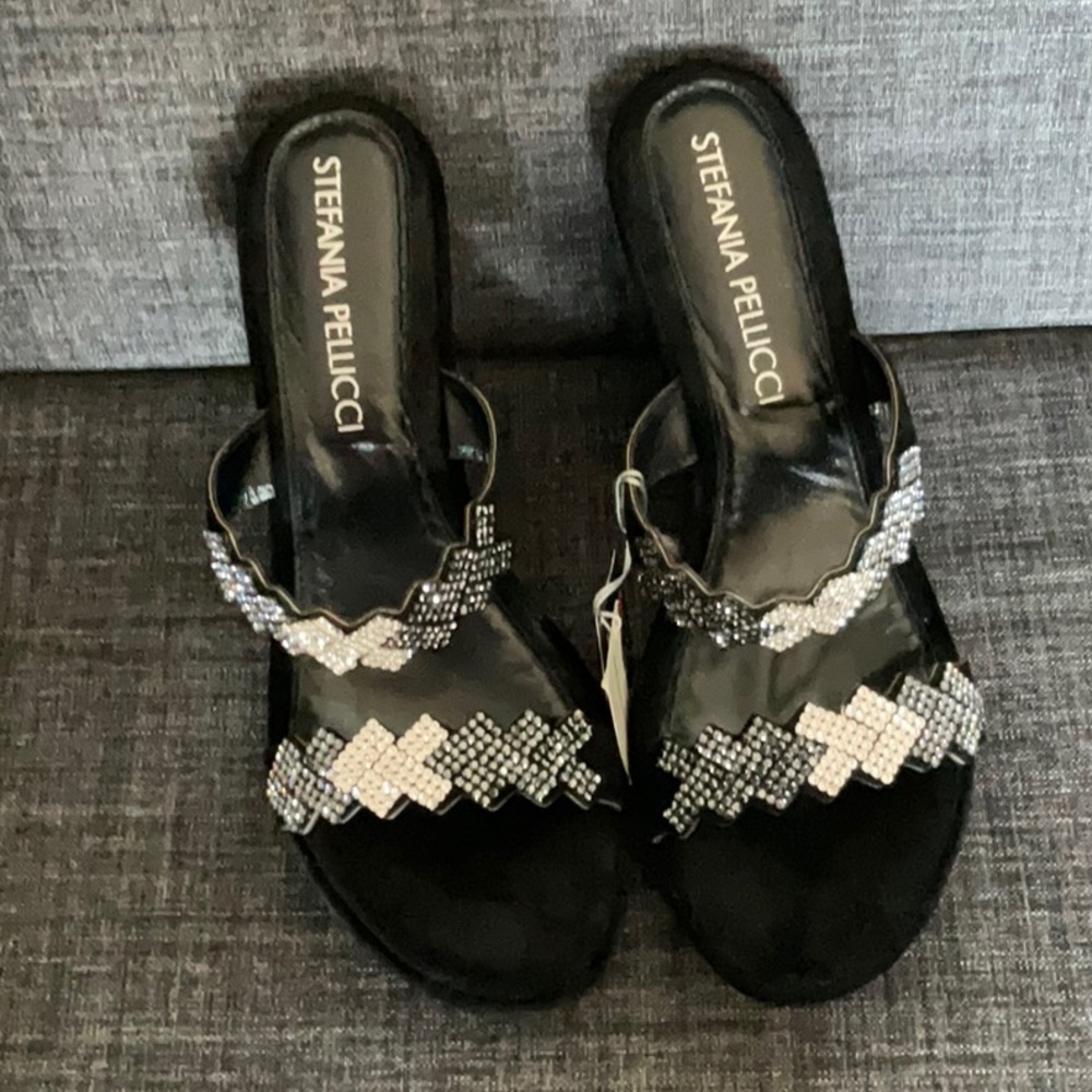NEW STEFANIA PELLICCI 2 strap SWAROVSKI JEWEL WEDGE PLATFORM BLACK SUEDE eu 40
